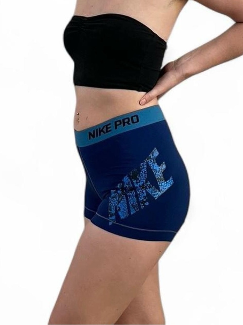 Nike Pro Navy Blue Athletic Compression Shorts with Teal Waistband